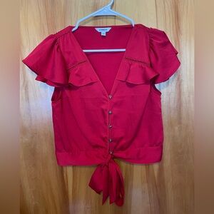 Express Red Cropped Flutter Sleeve Blouse with Tie Front